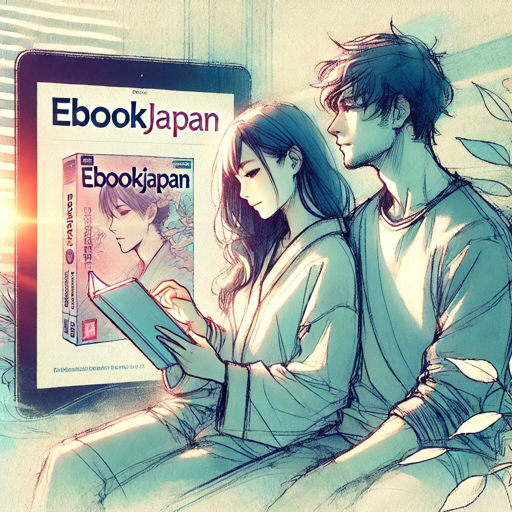 電子書籍を楽しむアジア人カップルの抽象的な少女漫画風イラスト。ebookjapanの利用シーンを柔らかなパステルカラーで描写。