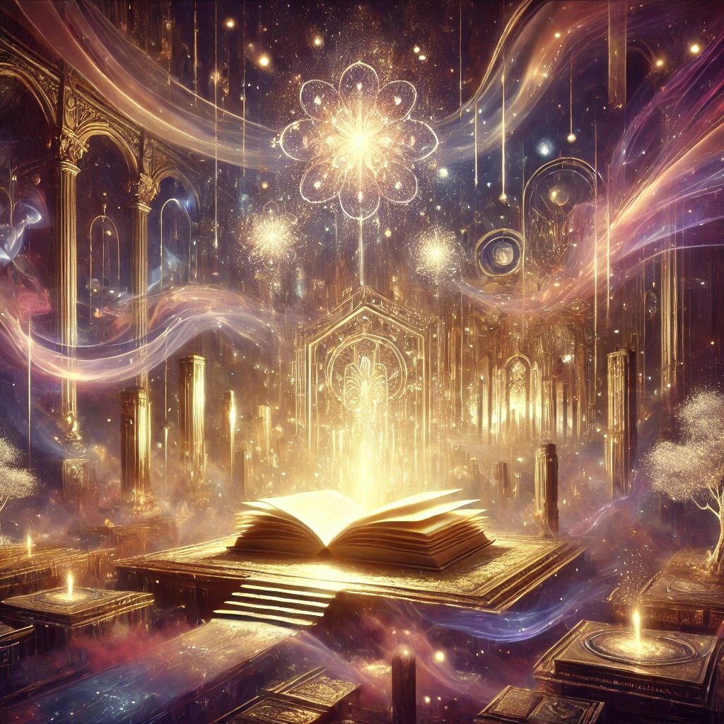 幻想的な図書館を描いた抽象的なイラスト。浮遊する光る本や、神秘的な雰囲気が漂う、金色と紫色を基調とした異世界ファンタジーの世界観が広がる